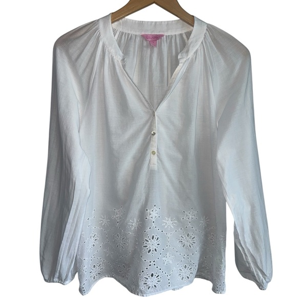 LILLY PULITZER Elsa Eyelet Top | White Long Sleeve V-Neck Cotton Blouse | Small - Picture 1 of 6